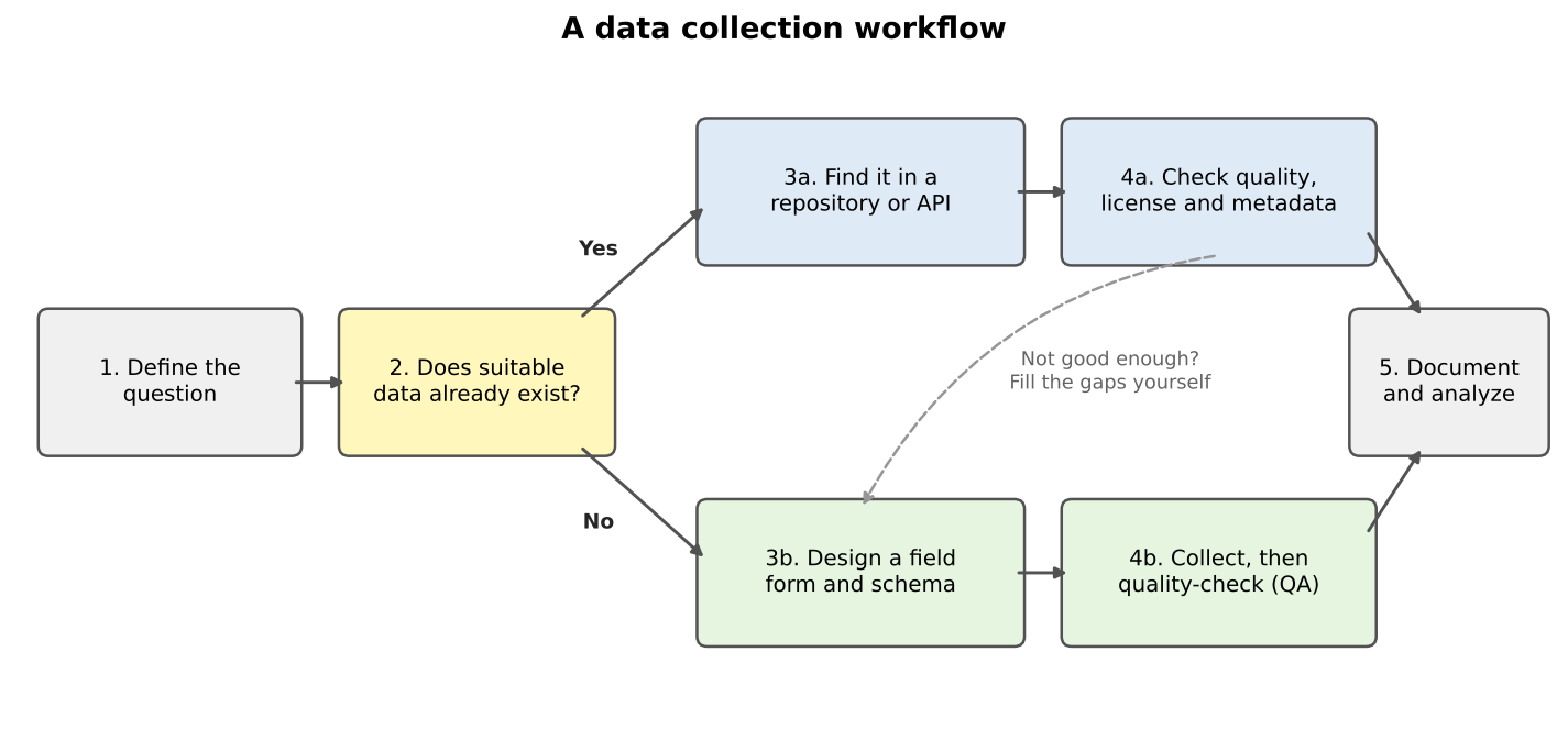 Flow diagram. Step 1, define the question, leads to step 2, does suitable data already exist? If yes, step 3a, find it in a repository or API, then step 4a, check quality, license and metadata. If no, step 3b, design a field form and schema, then step 4b, collect and quality-check. Both paths end at step 5, document and analyze. A dashed arrow from 4a to 3b says: not good enough? Fill the gaps yourself.