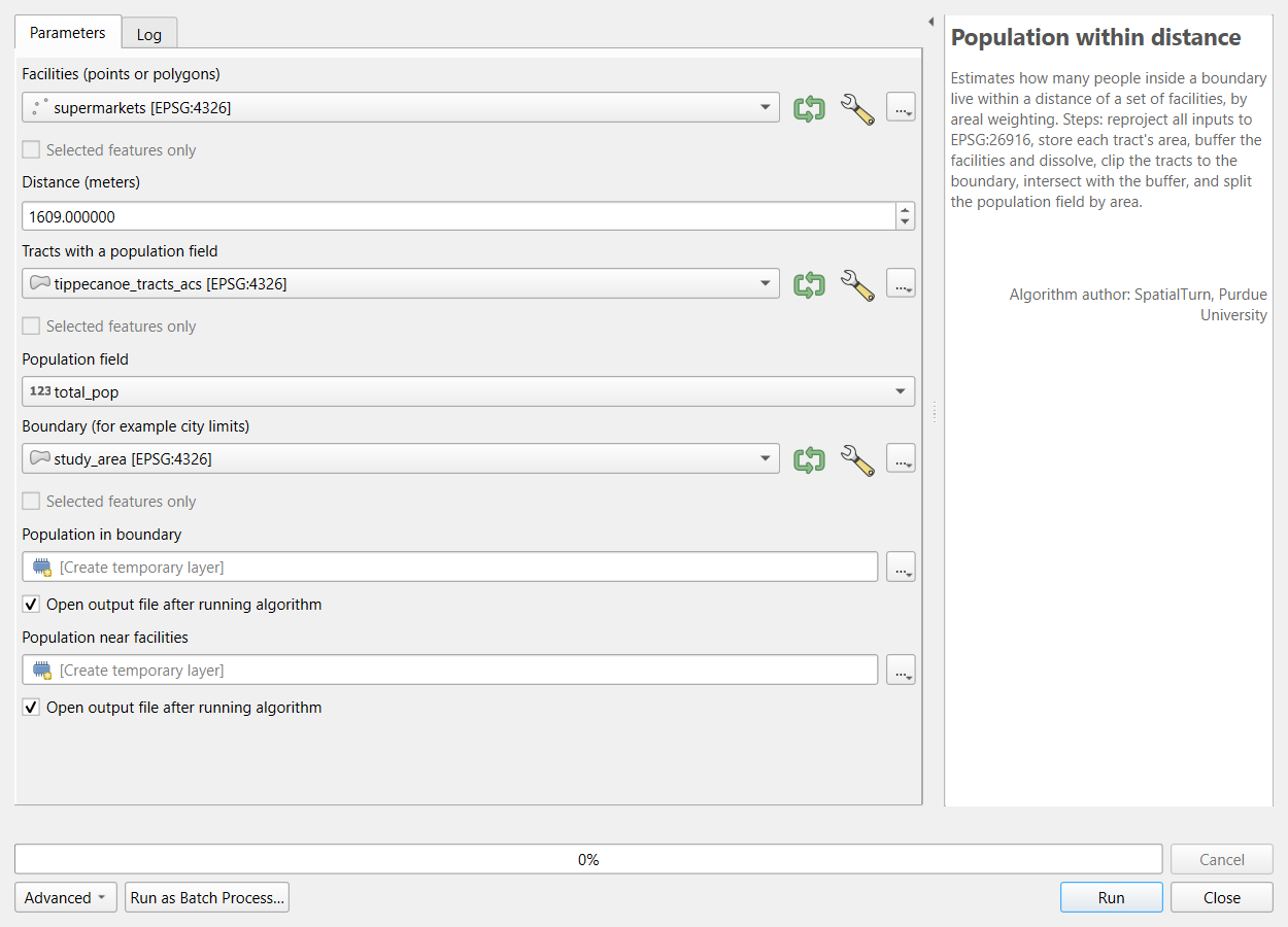 Screenshot of the dialog for the Population within distance model. Facilities (points or polygons) is supermarkets, Distance (meters) is 1609, Tracts with a population field is tippecanoe_tracts_acs, Population field is total_pop, Boundary is study_area, and the outputs Population in boundary and Population near facilities are temporary layers. The help panel on the right describes the model's steps and names SpatialTurn, Purdue University, as its author.