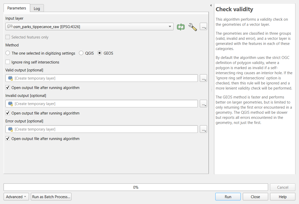 Screenshot of the QGIS Check validity tool in dark mode. Input layer is osm_parks_tippecanoe_raw in EPSG:4326, Method is GEOS, Ignore ring self intersections is unchecked, and Valid output, Invalid output and Error output are temporary layers. The help panel explains that geometries are classified as valid, invalid or error, and that the GEOS method returns only the first error in a geometry while the QGIS method reports all of them.