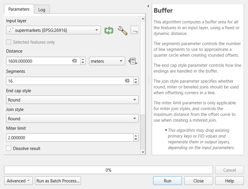 Screenshot of the QGIS Buffer tool. Input layer is supermarkets in EPSG:26916, Distance is 1609 meters, Segments is 16, End cap style and Join style are Round, Miter limit is 2, and Dissolve result is unchecked. The help panel on the right explains the segments, end cap and join style parameters.