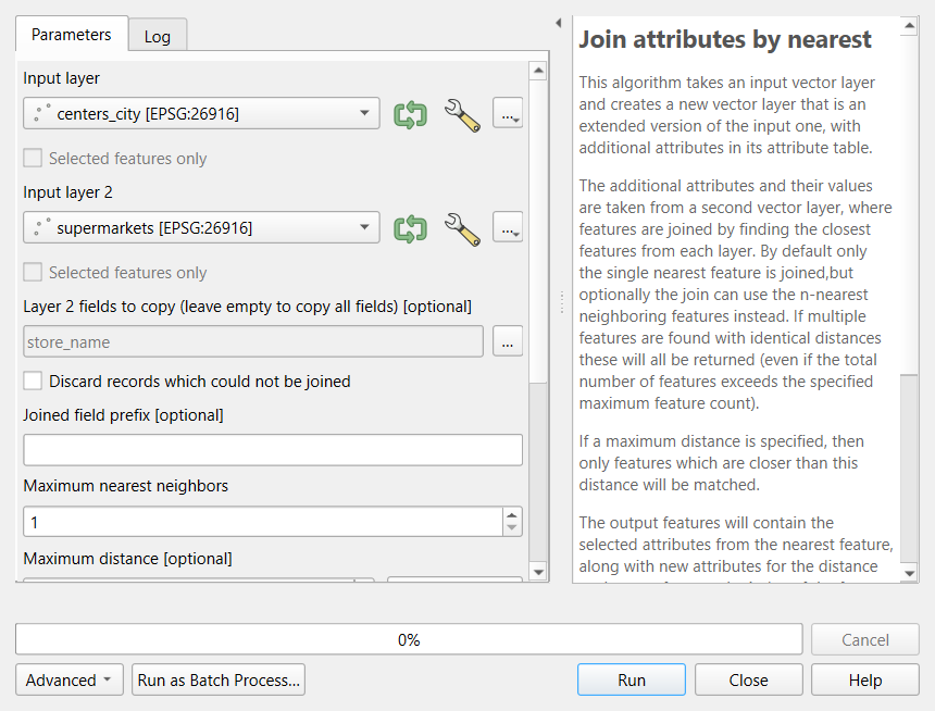 Screenshot of the QGIS Join attributes by nearest tool. Input layer is centers_city, Input layer 2 is supermarkets, Layer 2 fields to copy is store_name, Discard records which could not be joined is unchecked, Joined field prefix is empty and Maximum nearest neighbors is 1. The help panel explains that attributes are taken from the closest feature in the second layer.