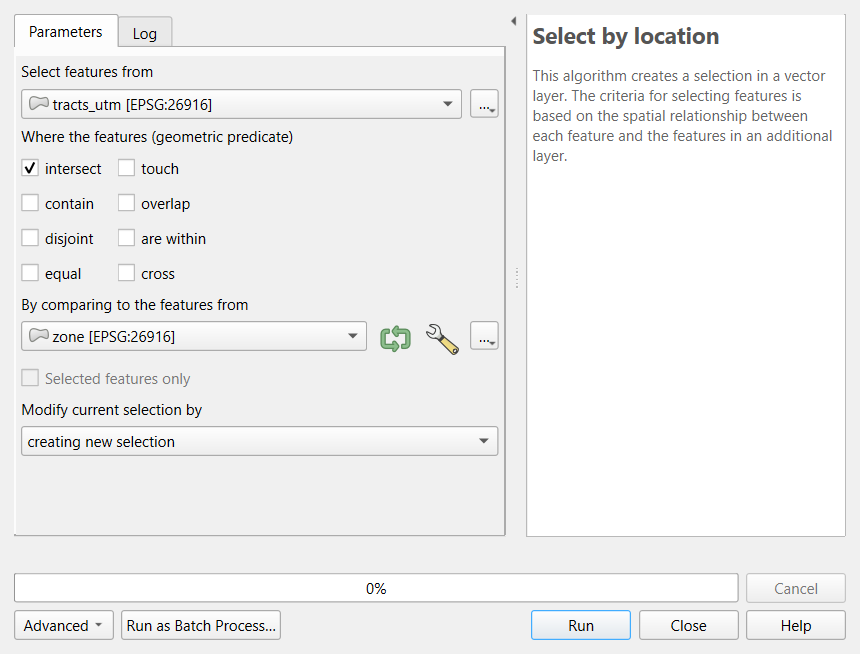 Screenshot of the QGIS Select by Location tool. Select features from is tracts_utm, the geometric predicate intersect is ticked and the others (contain, disjoint, equal, touch, overlap, are within, cross) are not, By comparing to the features from is zone, and Modify current selection by is creating new selection.
