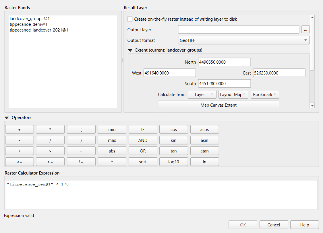 Screenshot of the QGIS Raster Calculator. The Raster Bands list shows tippecanoe_dem@1 and tippecanoe_landcover_2021@1 (and a landcover_groups@1 layer from a later step). The Result Layer section has an empty Output layer box with a browse button, Output format GeoTIFF, and the extent of the layer. Operator buttons include plus, minus, less than, AND, OR, IF, min, max and math functions. The expression box reads tippecanoe_dem@1 in double quotes, less than 170, and the message below says Expression valid.