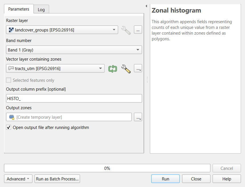 Screenshot of the QGIS Zonal histogram tool. Raster layer is landcover_groups in EPSG:26916, Band number is Band 1, Vector layer containing zones is tracts_utm in EPSG:26916, Output column prefix is HISTO_, and the output is a temporary layer. The help panel says the algorithm appends fields with counts of each unique value from a raster layer within zones defined as polygons.