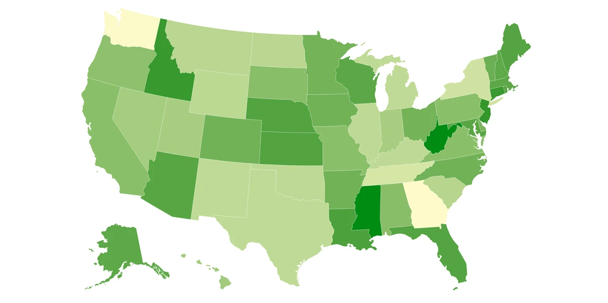 A map different states in the USA as shades of green.