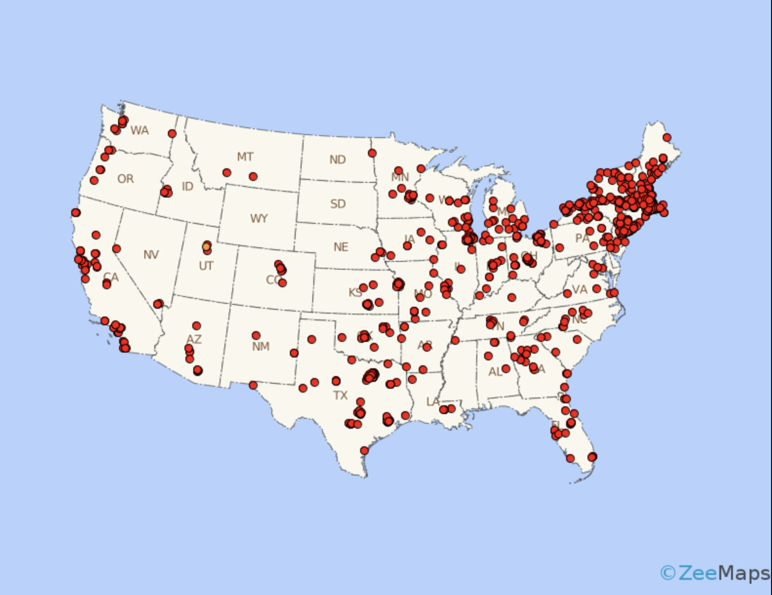 A map showing density of a variable as a function of number of dots in an area in the USA. More dots in an area means a greater influence of that variable.