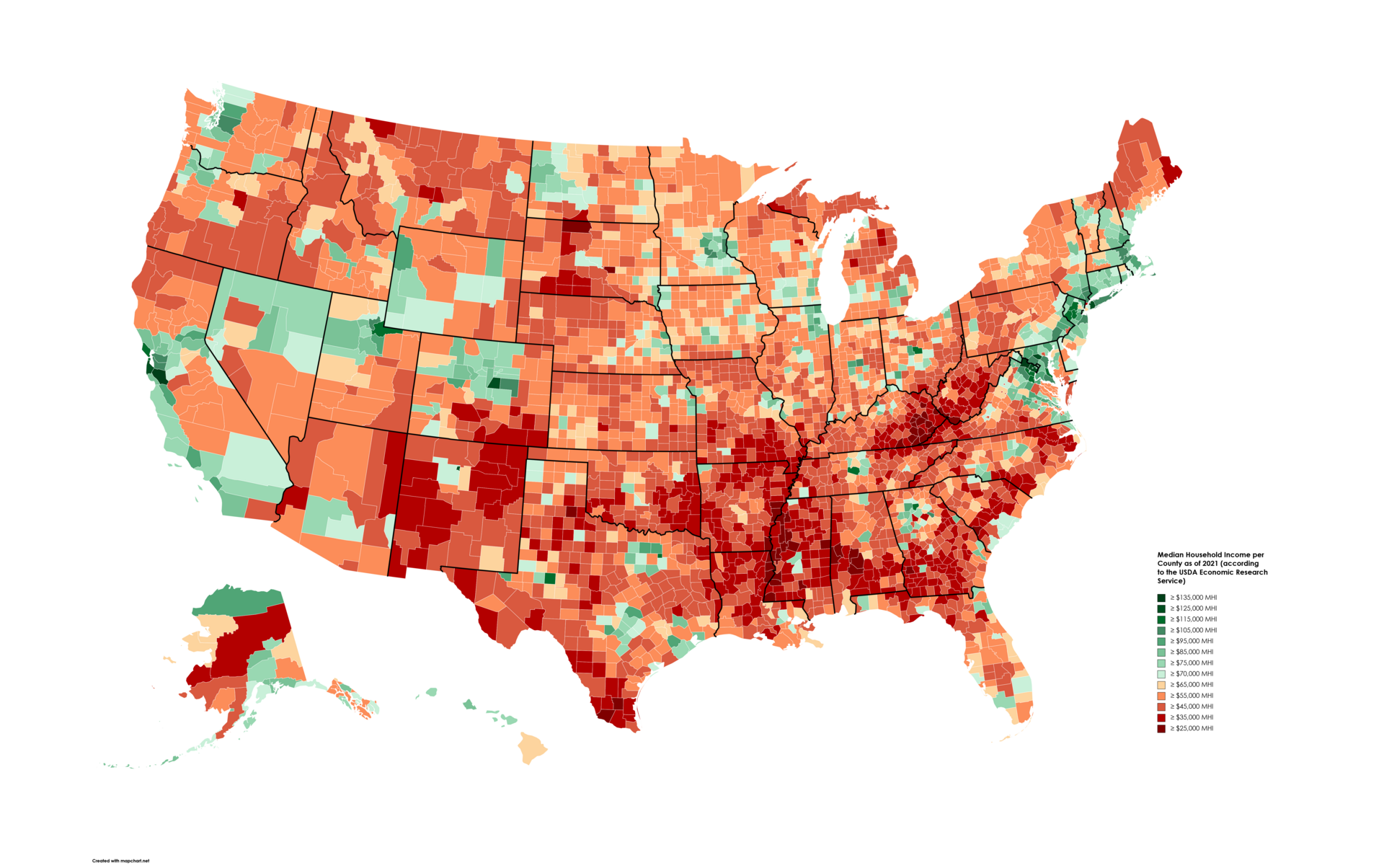 This is a good map but needs supporting information to better understand this distribution of income across the country. Green here indicates higher income.