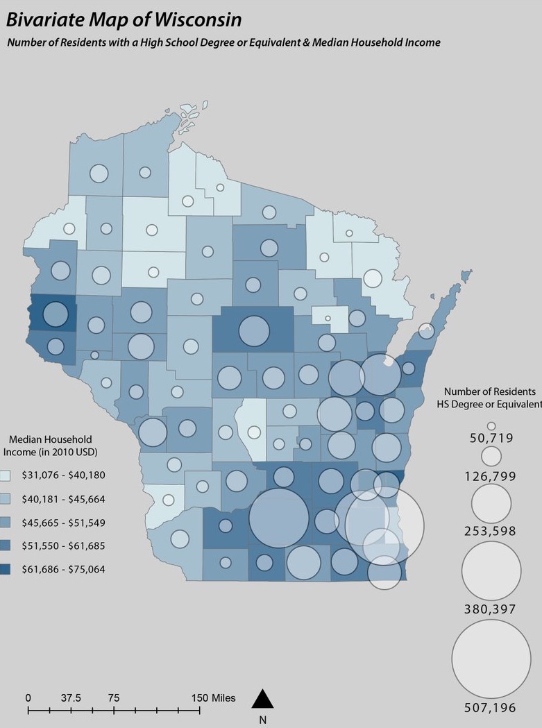 A map showing both choropleth and dot density being implement with each showcasing a different variable best suited to it.