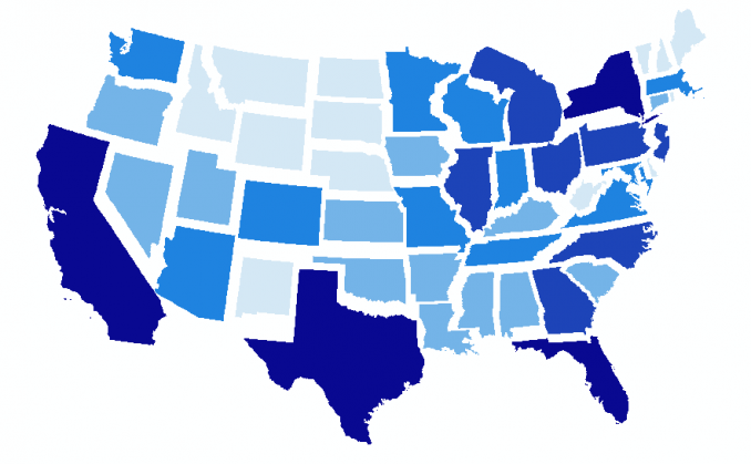 A map different states in the USA clearly separated by a gap in order to avoid distortion such that recognizable shapes can be made. This looks good visually.