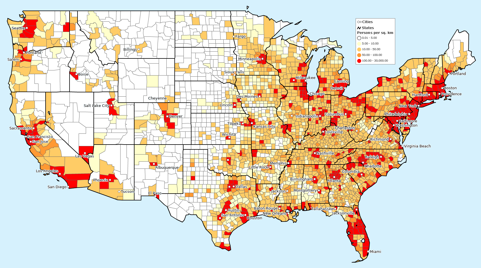 This population density map is in positive correlation with the map. As in, a higher population density would ideally mean a greater household income in that county. Lighter colors indicate greater population density.