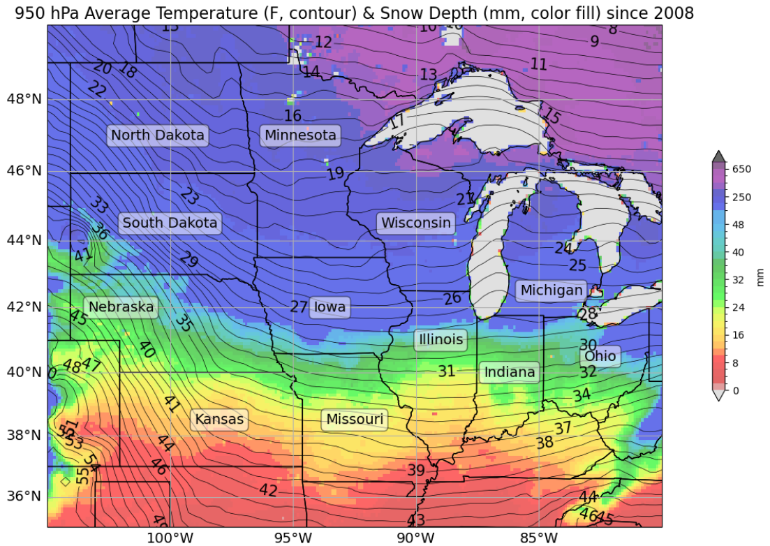 Average Temperatures and Snow Depth (mm) in Midwest since 2008.