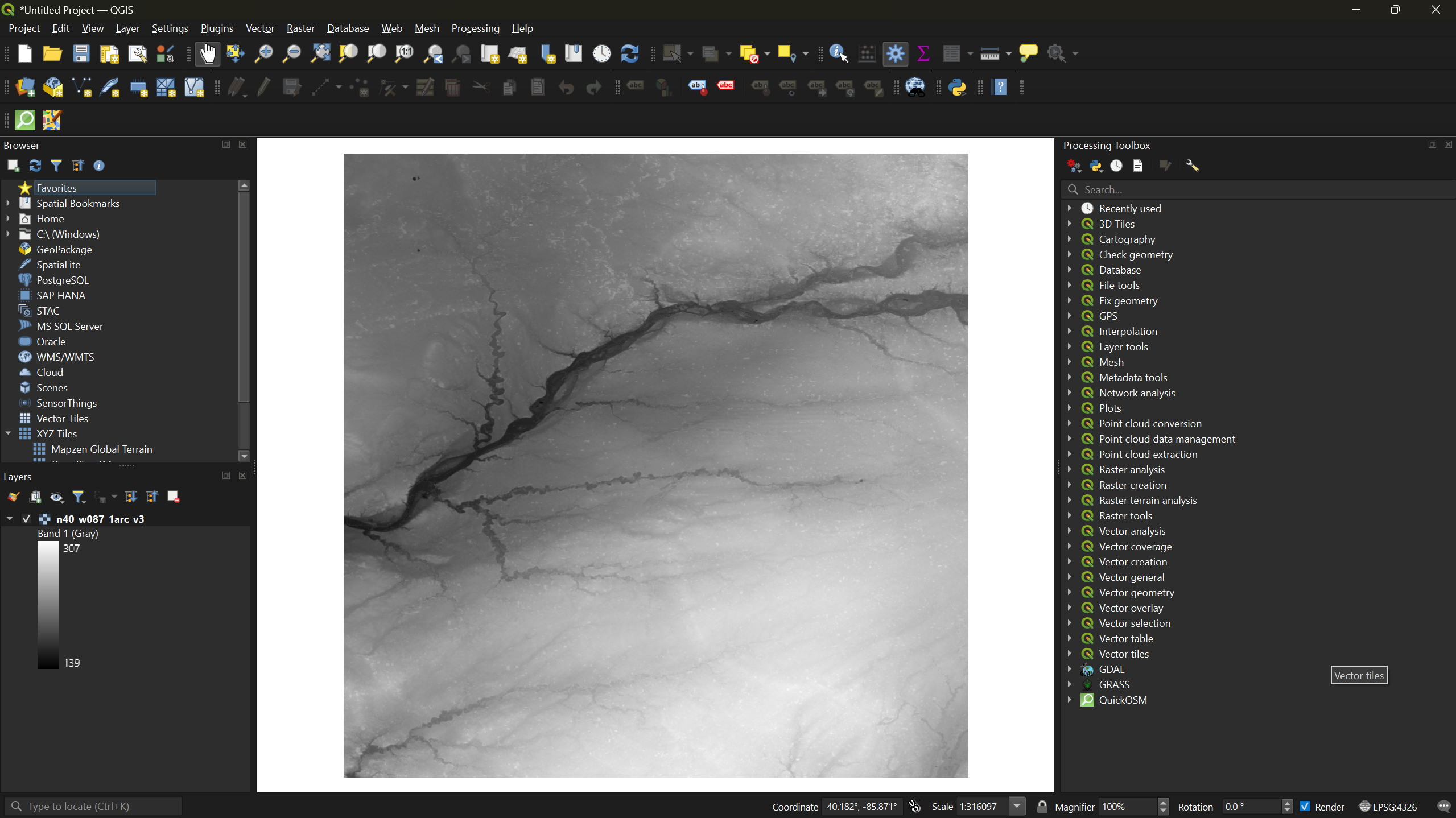 DEM loaded into QGIS in grayscale.