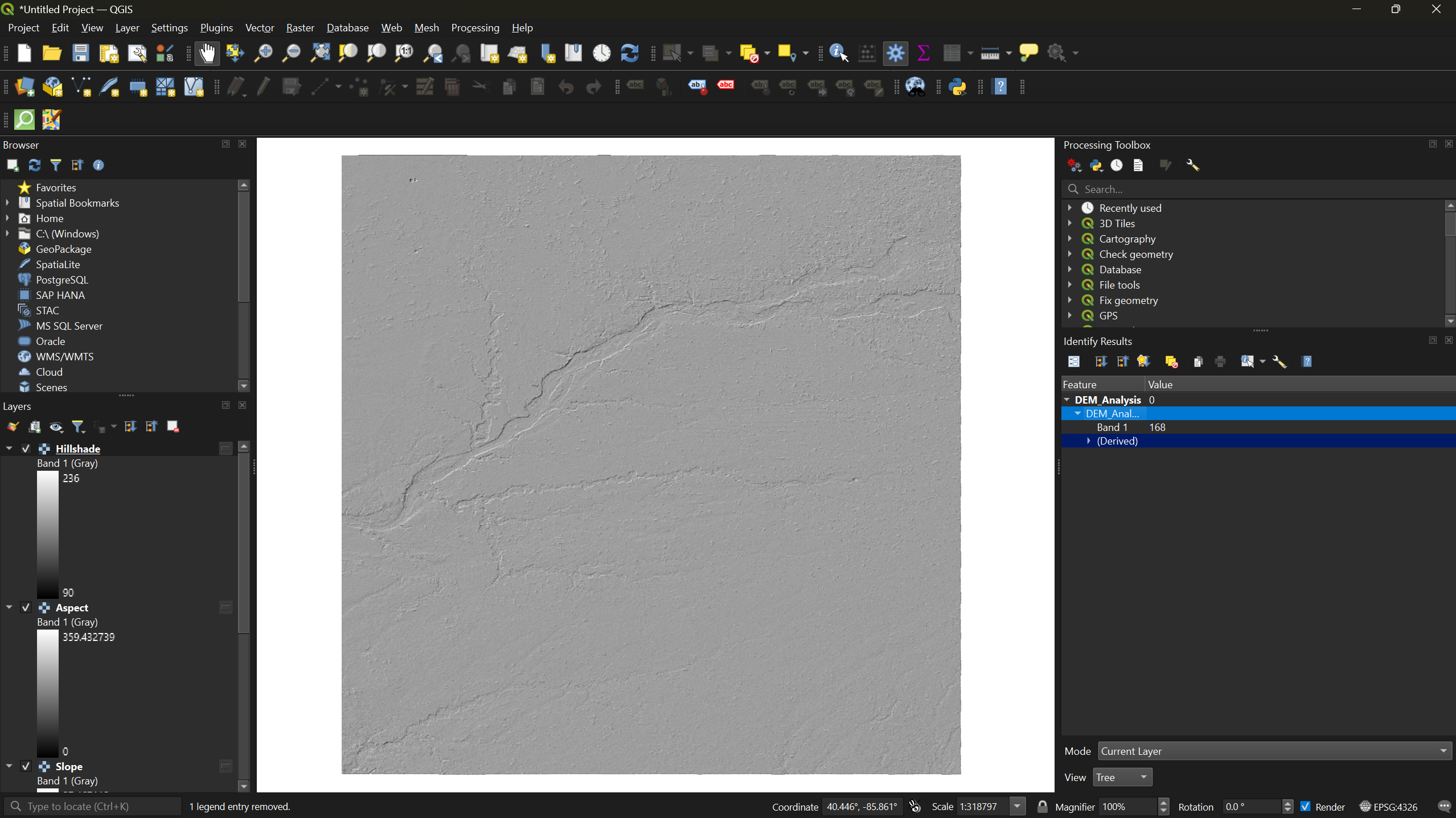 Hillshade layer generated from the DEM.