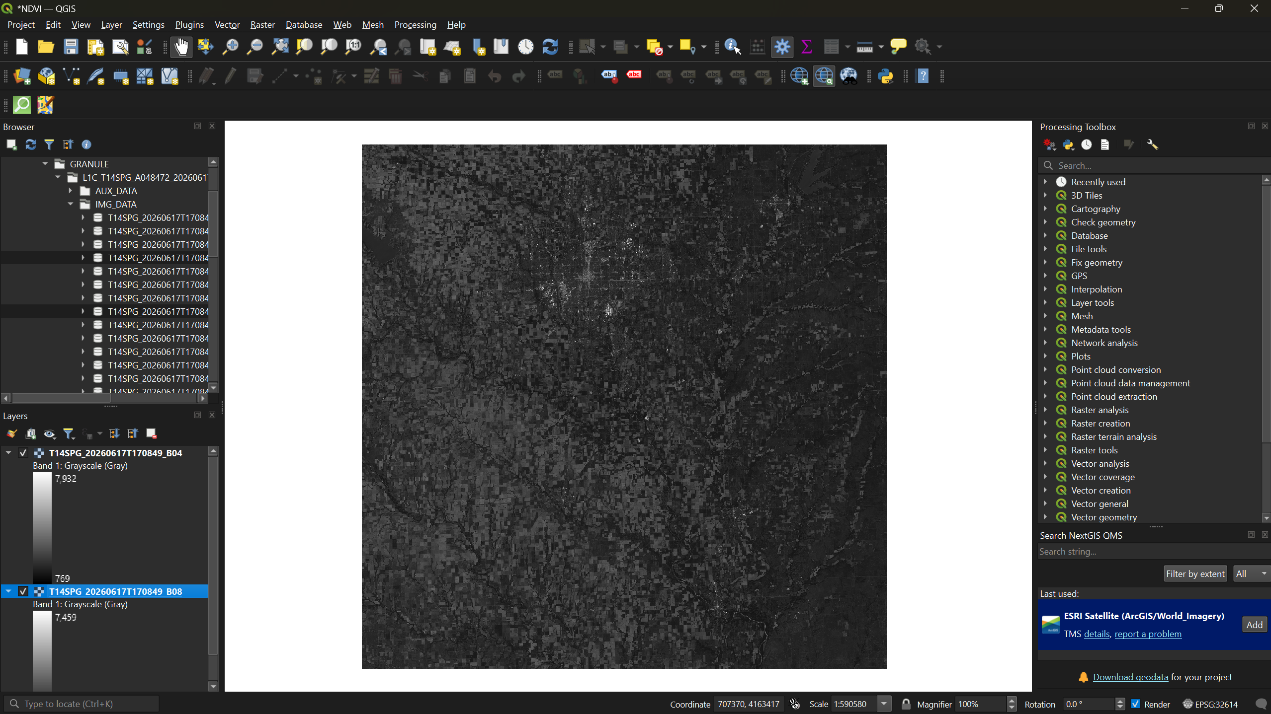 Bands 4 and 8 loaded into QGIS.