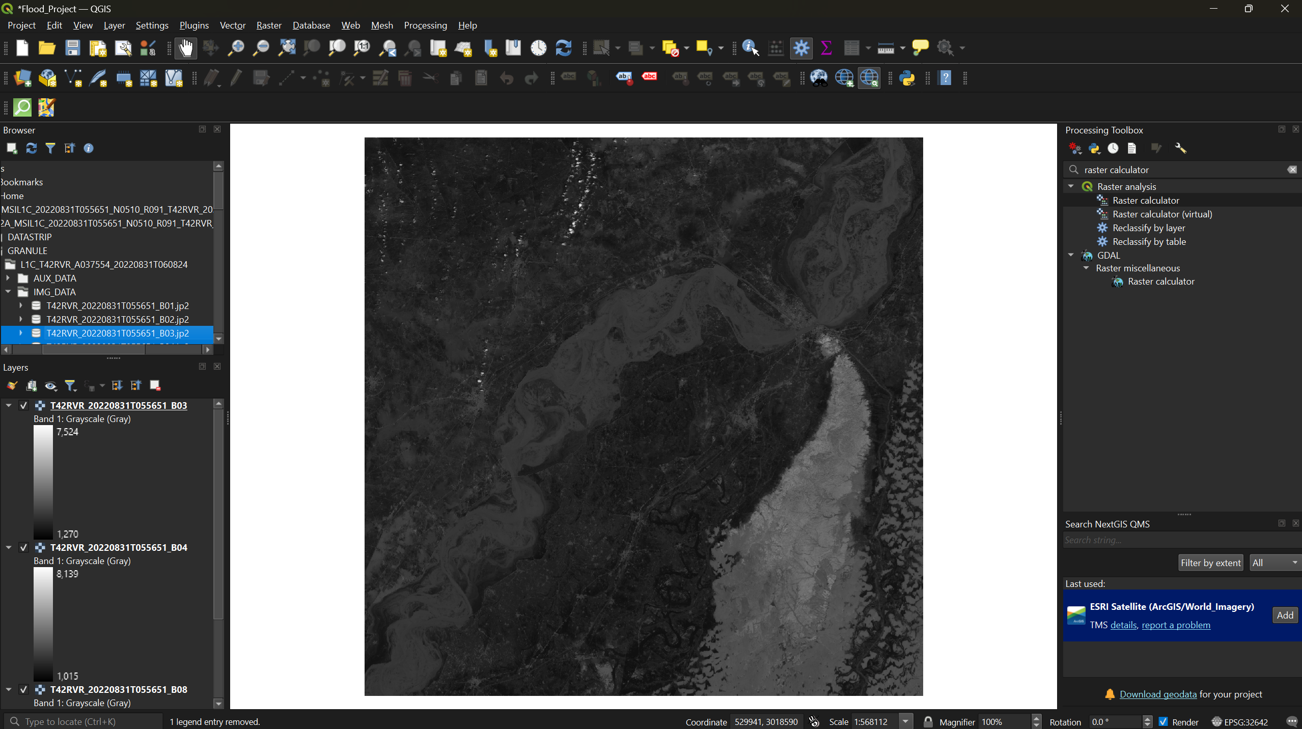Bands 3, 4, and 8 loaded into QGIS.