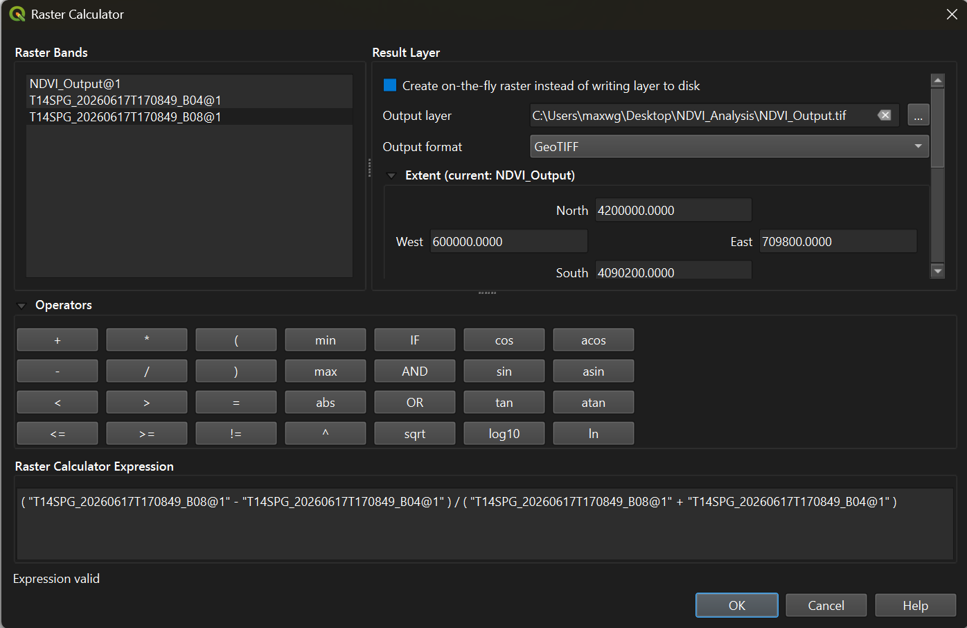 The Raster Calculator with the NDVI expression entered.