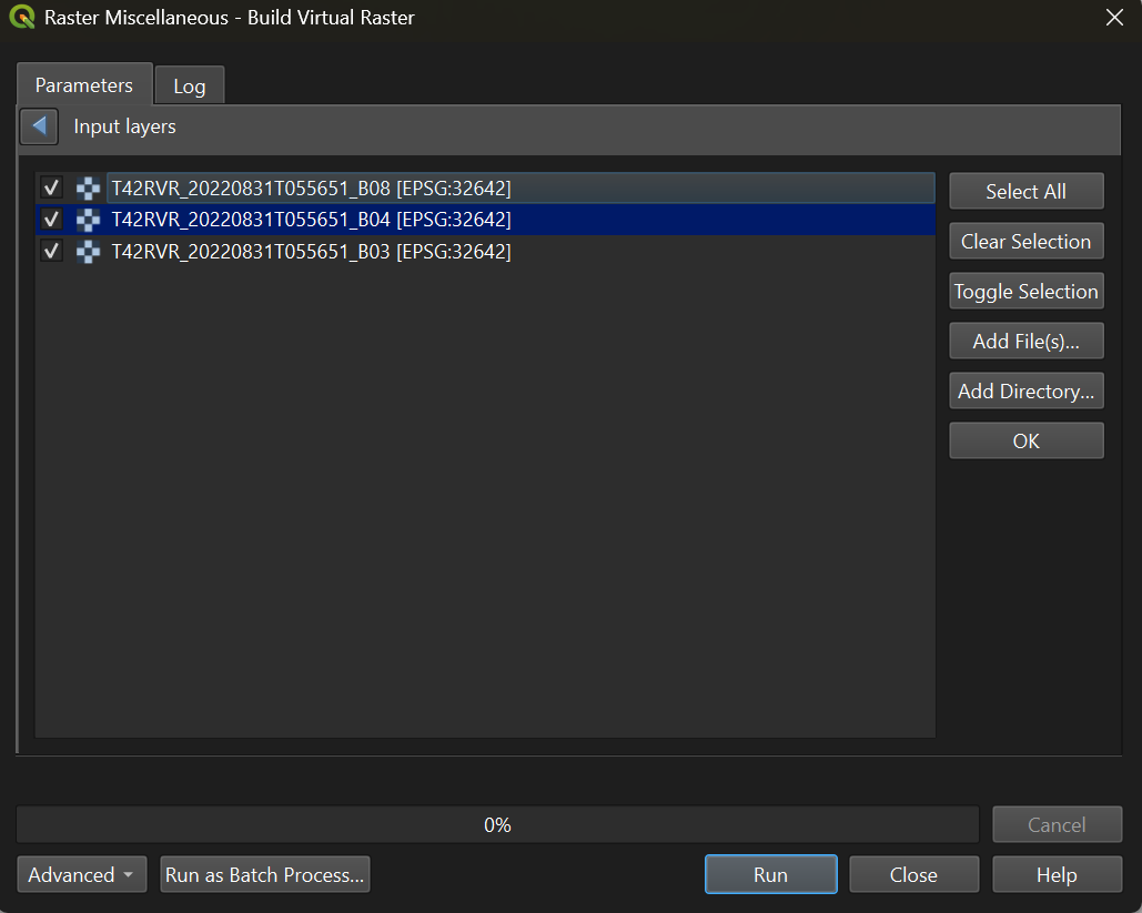 The Build Virtual Raster dialog with bands arranged in NIR-Red-Green order.