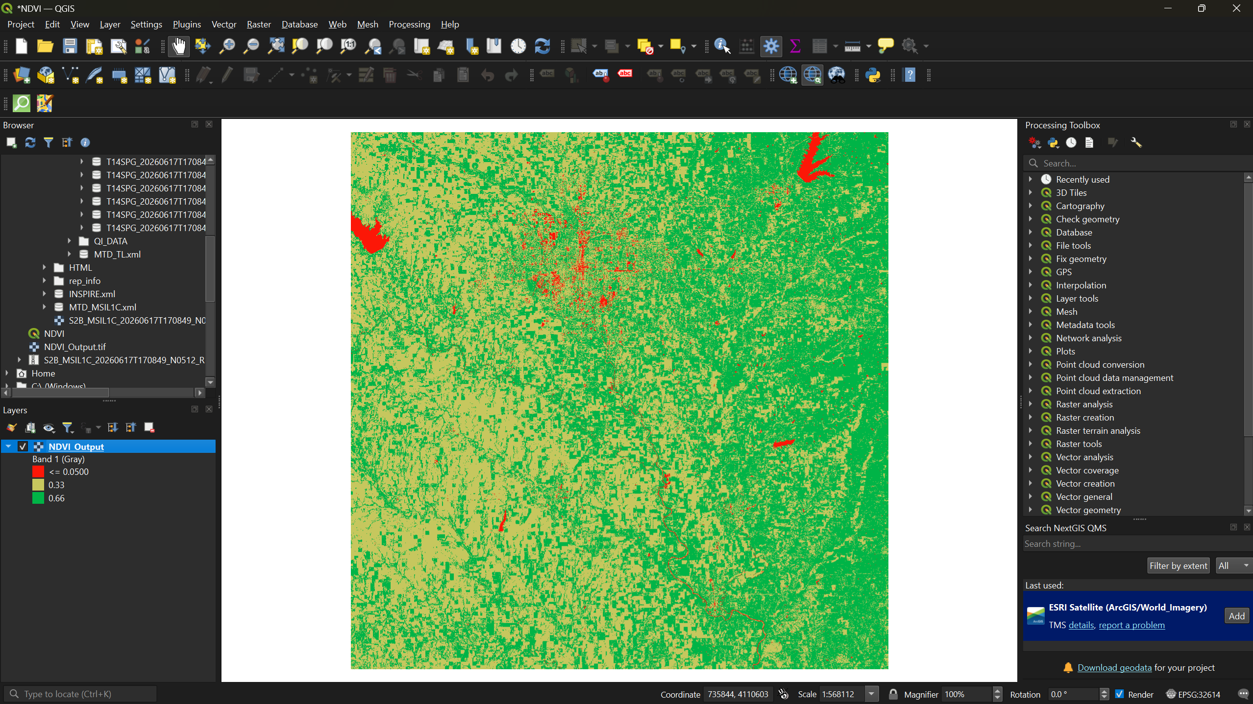 The NDVI result with red-yellow-green symbology applied.