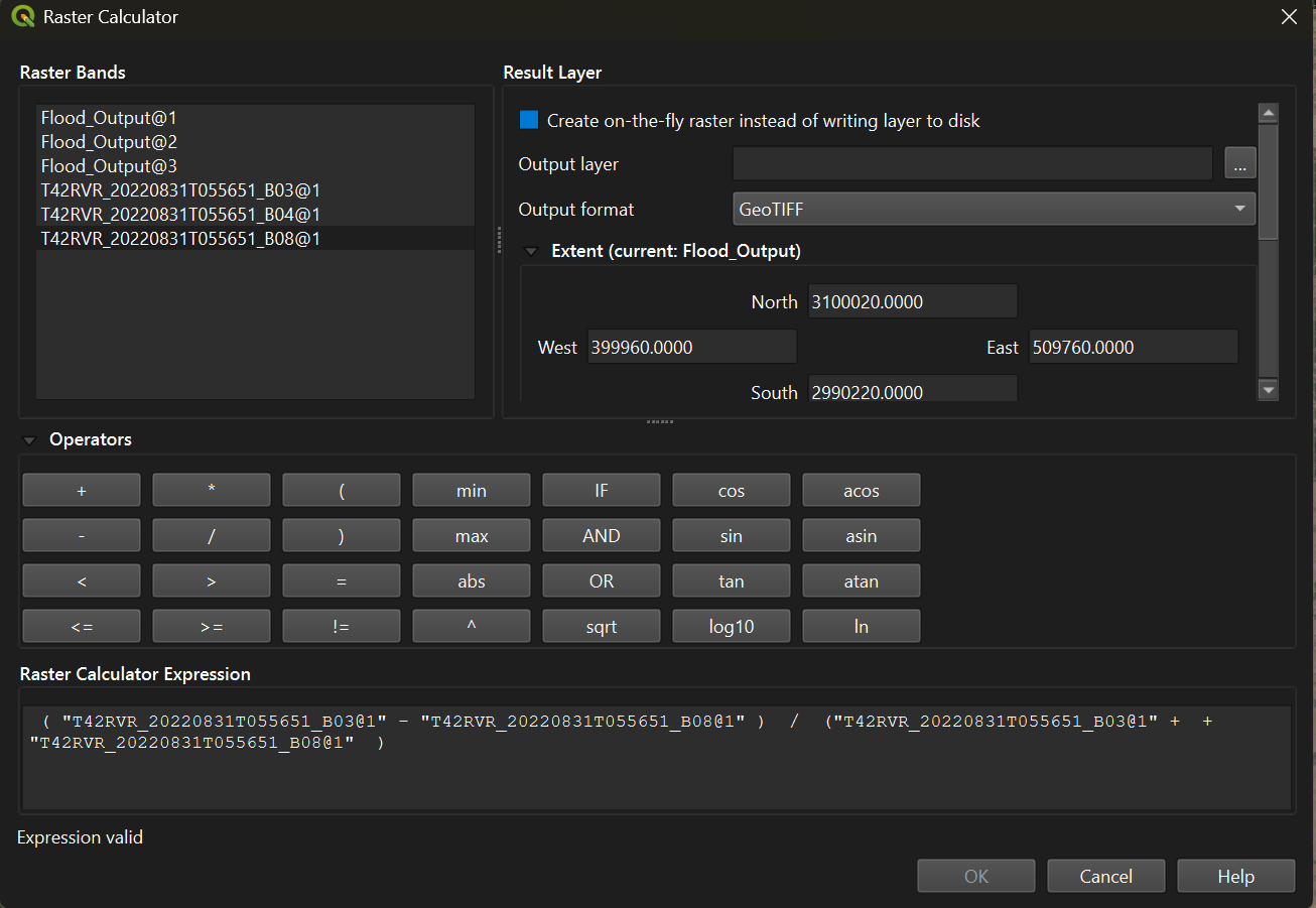 The Raster Calculator with the NDWI expression entered.