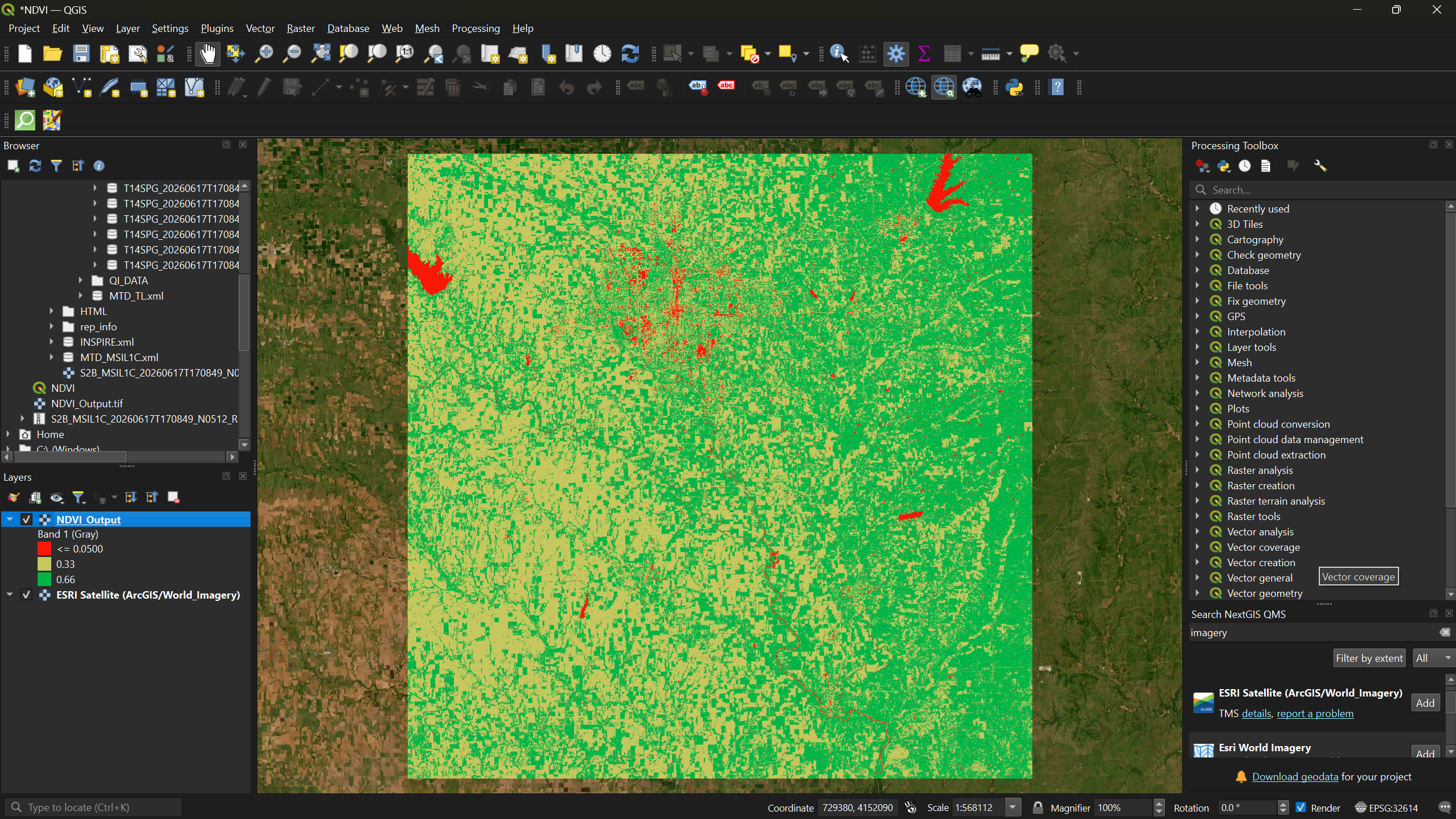 The NDVI layer overlaid on satellite basemap imagery for comparison.