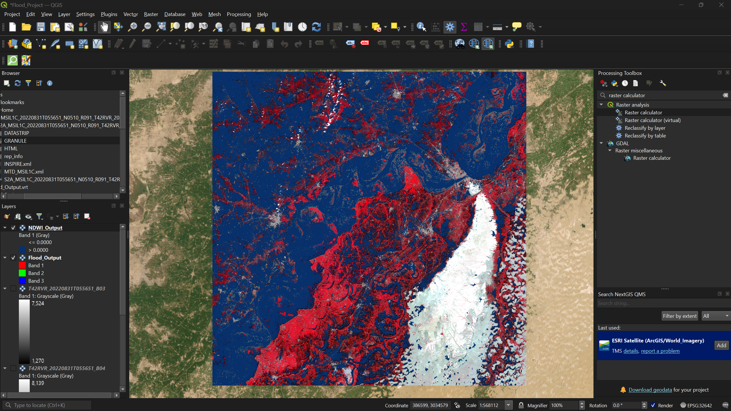 NDWI water detection overlaid on the false color composite, showing detected flood extent in blue over the FCC.