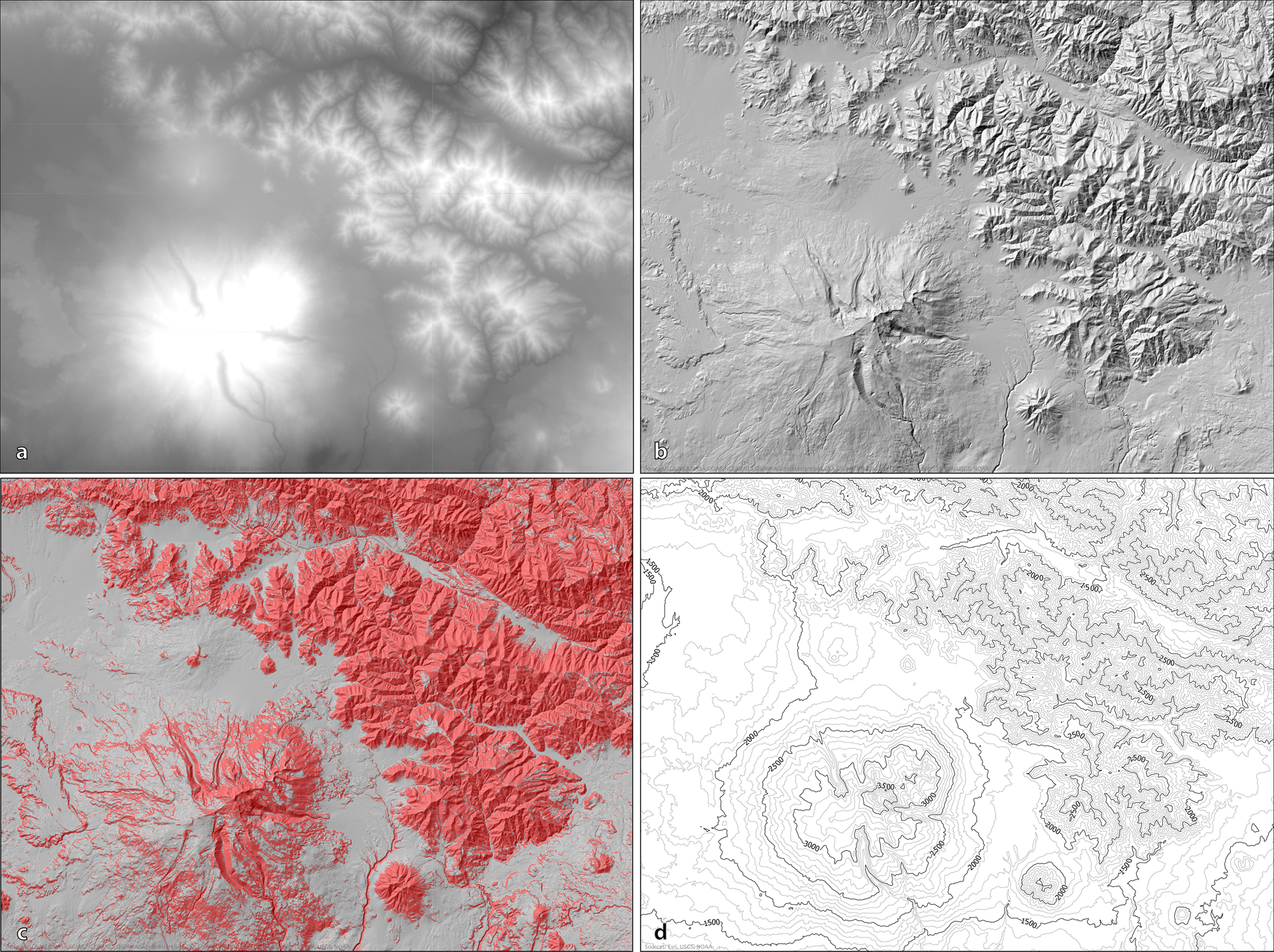 Figure 5 from Mkrtchyan 2023 — DEM-Derived Products SRTM digital elevation model of the Mount Aragats region of Armenia and examples of common elevation products derived from the model: (a) raw SRTM DEM data; (b) hillshade; (c) slope calculated as percent, with slopes greater than 15% in red; (d) contour lines.